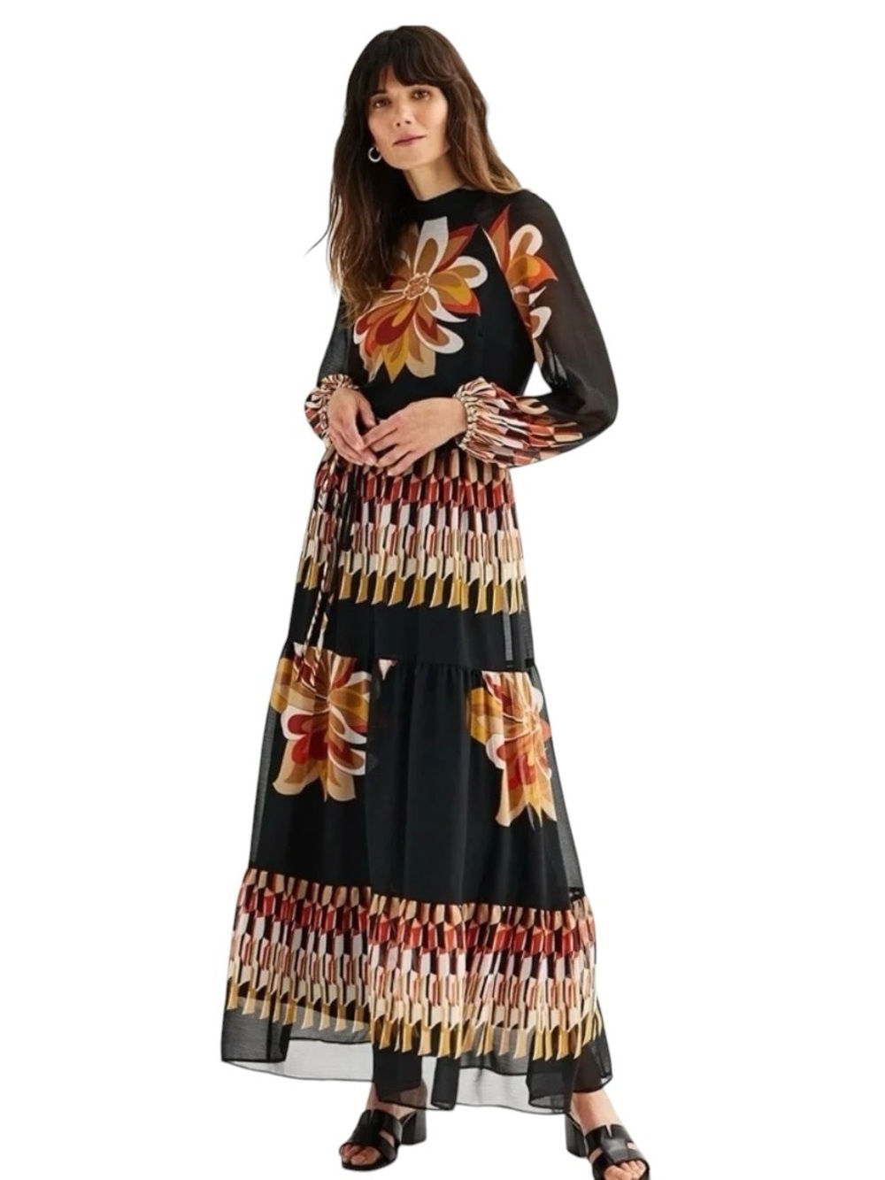 Maison Tara Black Floral Long Sleeve Tiered Maxi Dress size 16